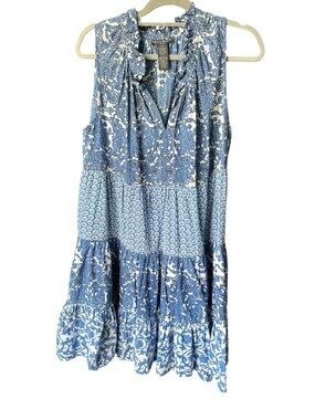 Chelsea & Theodore Blue Floral Ruffle Neck Tank Dress Sz L